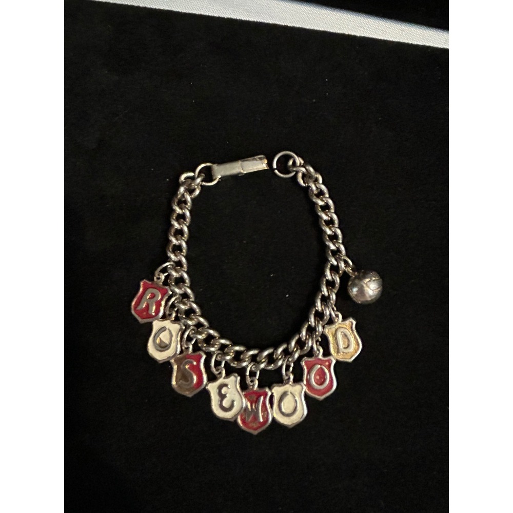 Vintage‎ Rosewood Charm Bracelet Enamel Letter Shield Chain Mid Century Style